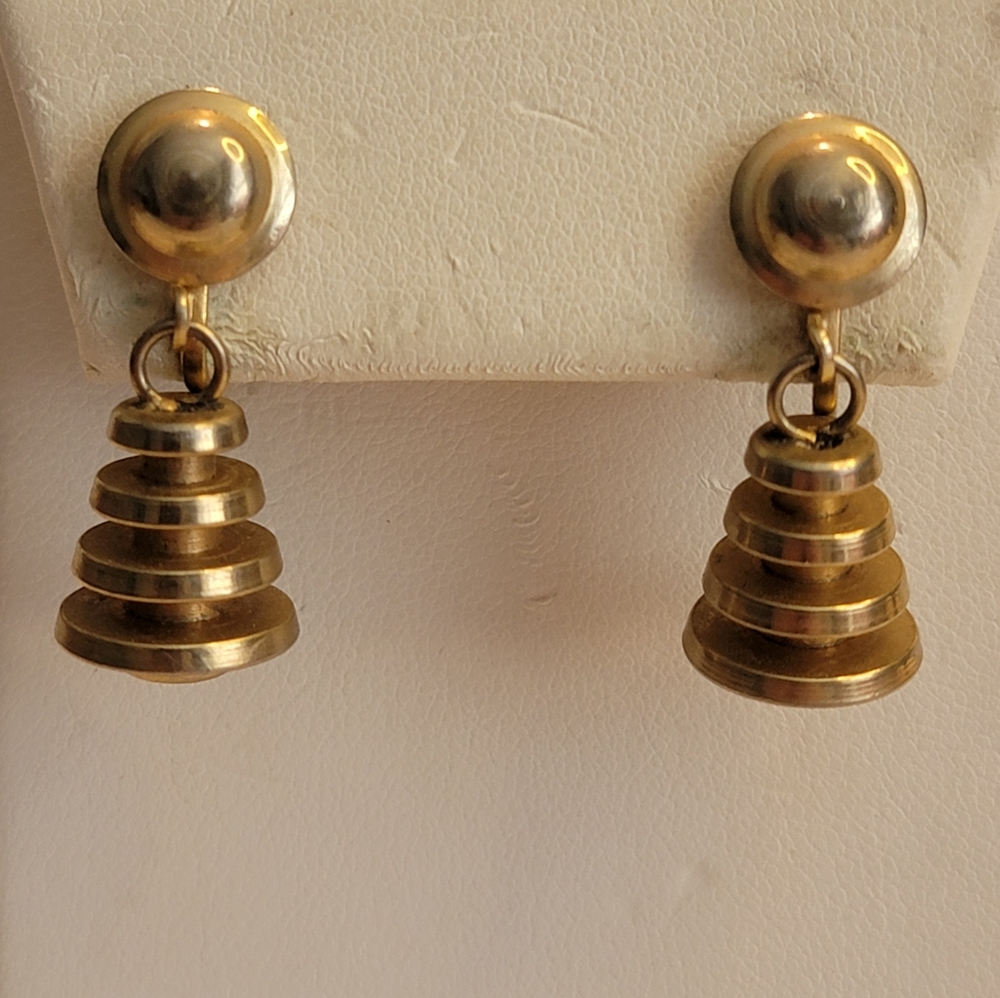 Vintage Mid Century Gold Tone Stacked Disc Dangle Screw Back Earrings